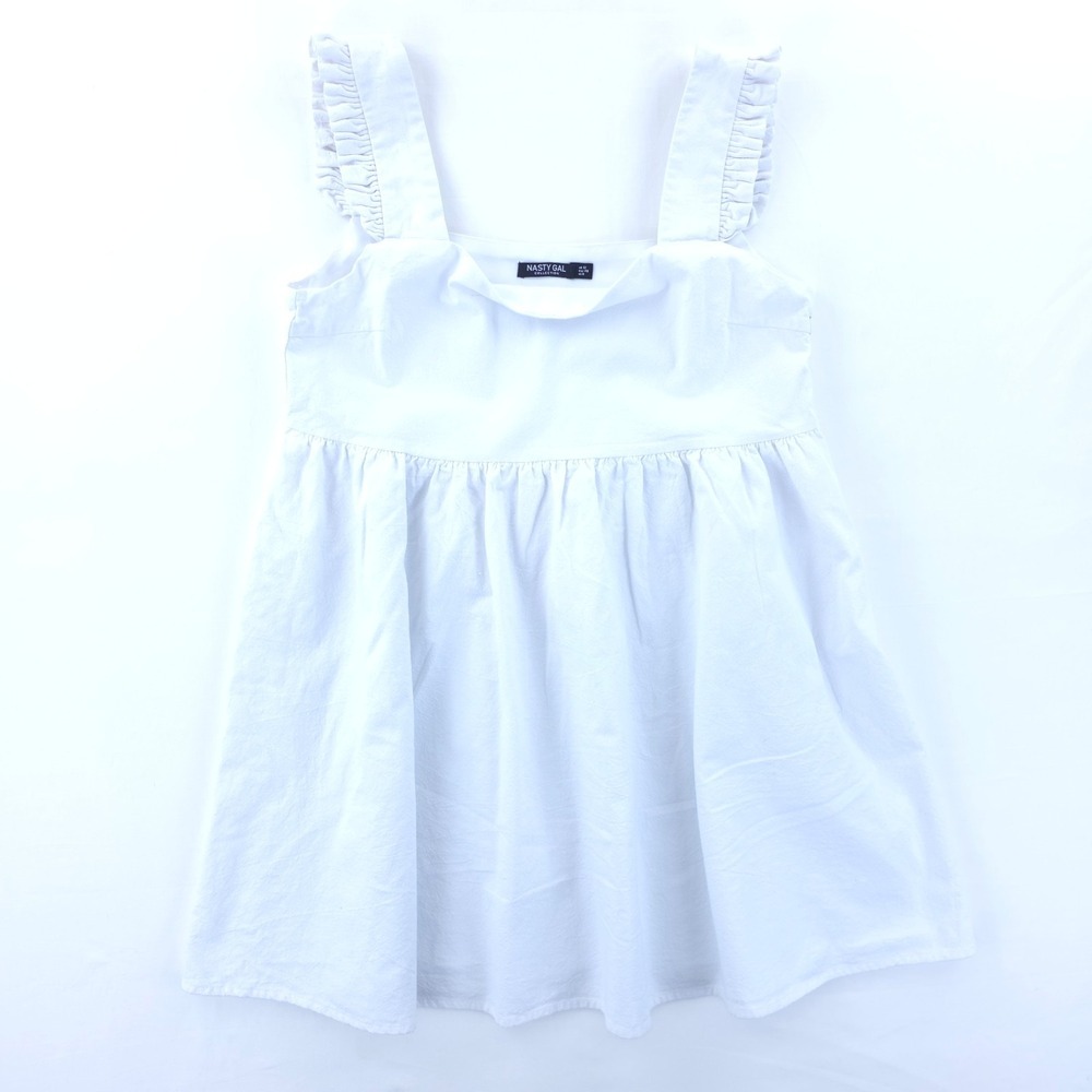 Nasty Gal Women Mini Dress Babydoll Sz 8 White Ruffle Strap Square Neck Sundress - Picture 1 of 9